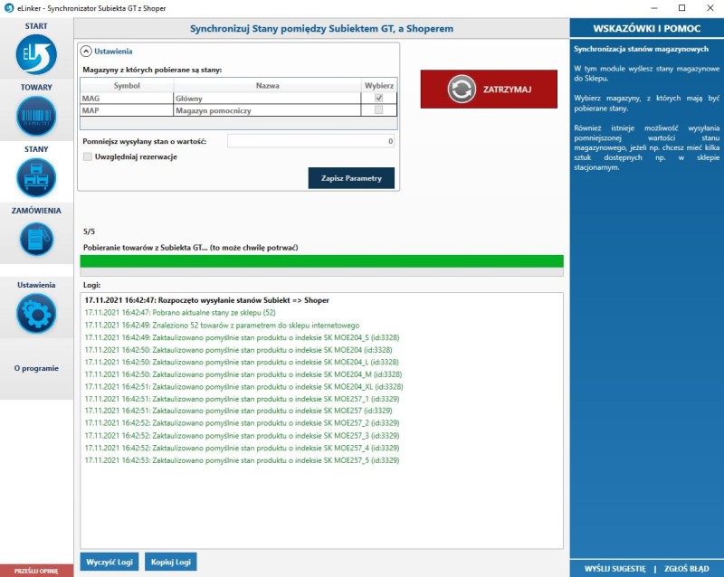 okno synchronizacji stanów eLinkera subiekt gt - shoper