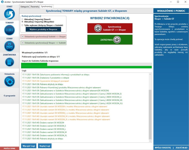 okno kategorii eLinkera subiekt gt - shoper