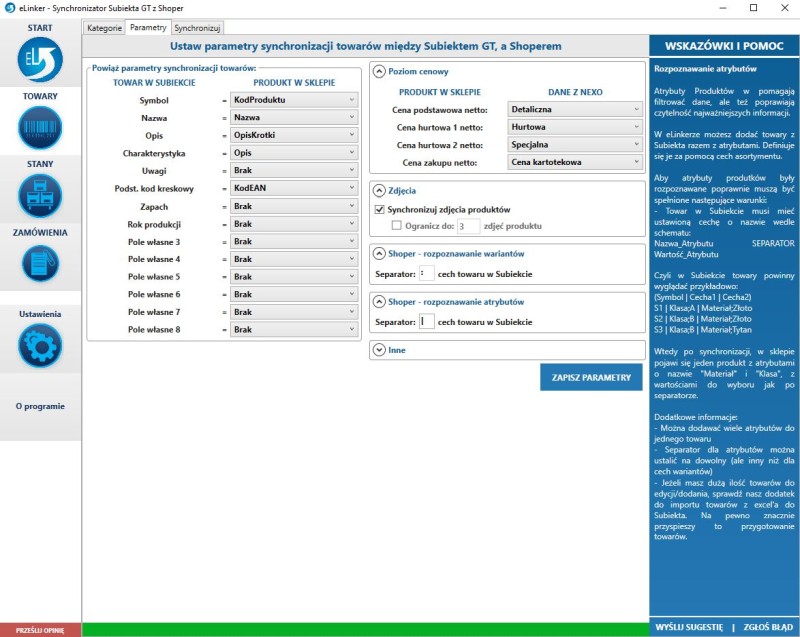 okno parametrów towarów eLinkera