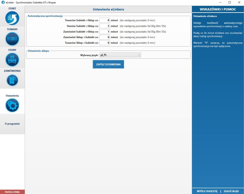 okno ustawień eLinkera