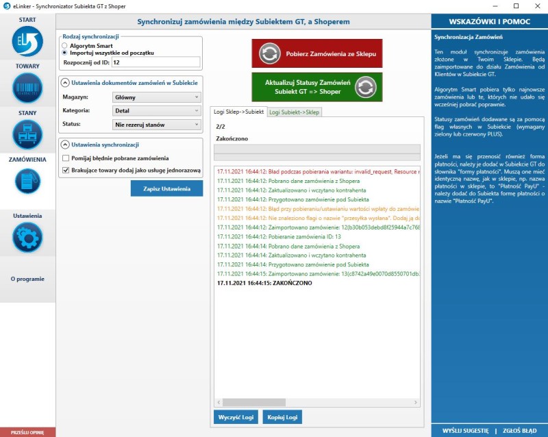 okno synchronizacji stanów eLinkera subiekt gt - shoper