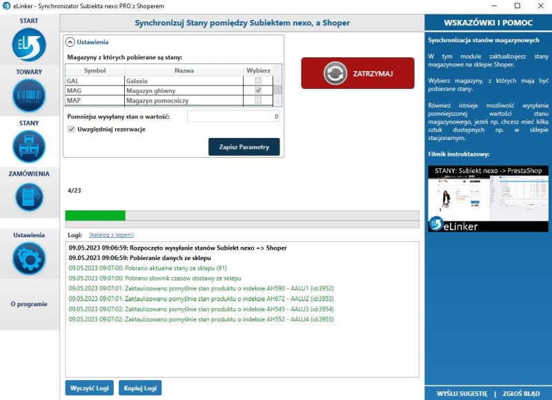 okno synchronizacji stanów eLinkera