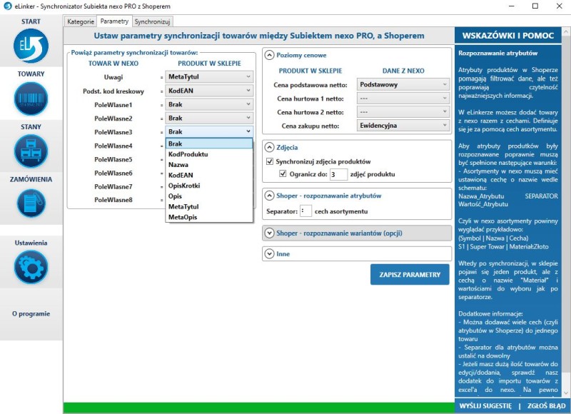 okno parametrów towarów eLinkera