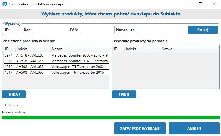 okno synchronizacji wybranych produktów z Shopera