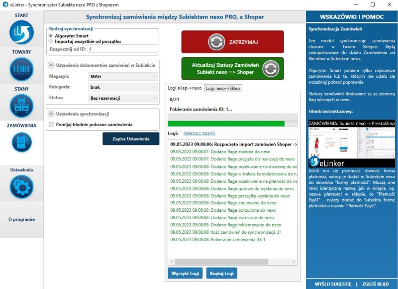 okno synchronizacji zamówień eLinkera