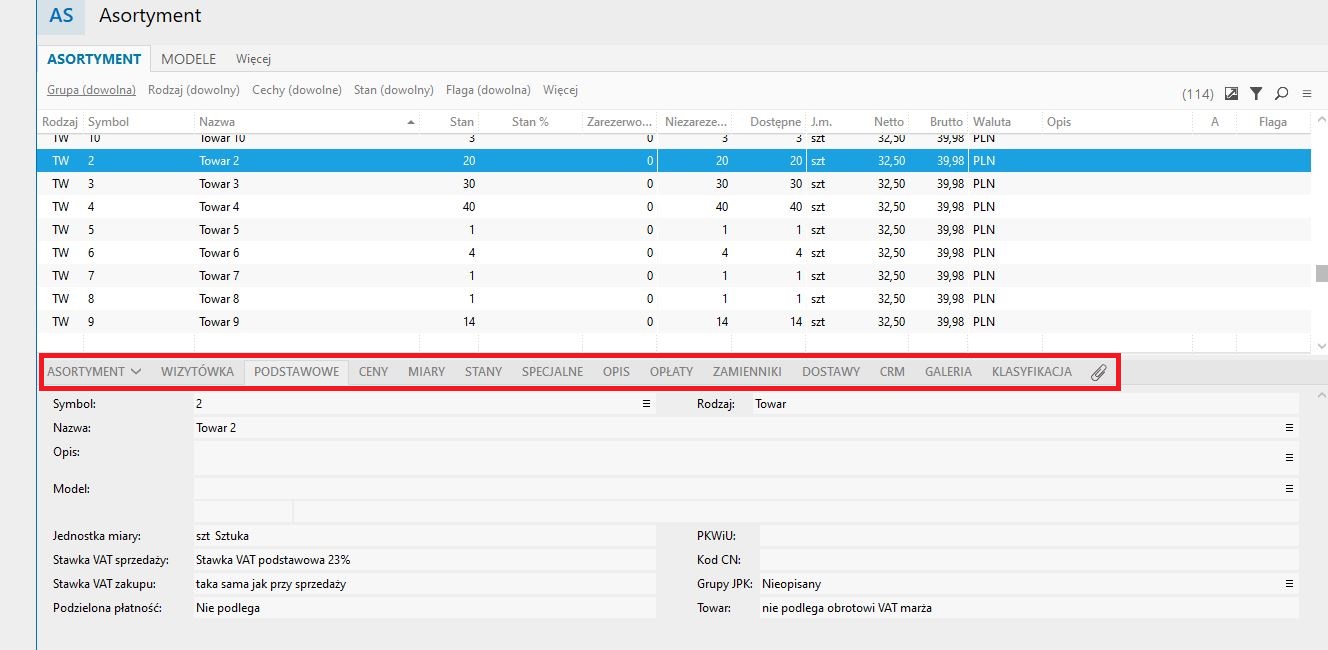 widok listy asortymentów w nexo