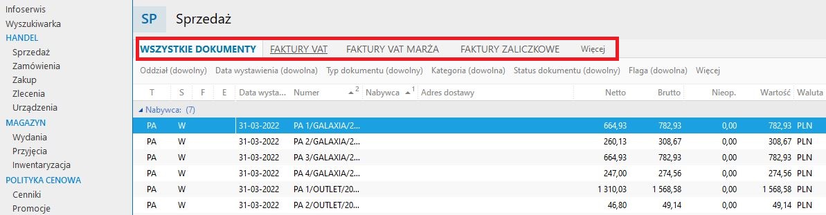 widok listy dokumentów sprzedaży w nexo