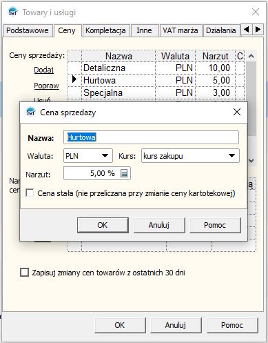 widok konfiguracji cennika w Subiekcie GT