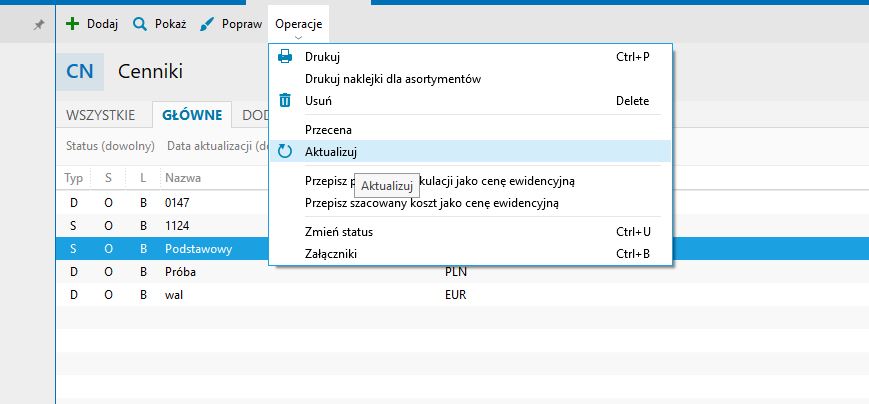 operacja ręcznej aktualizacji cennika w nexo