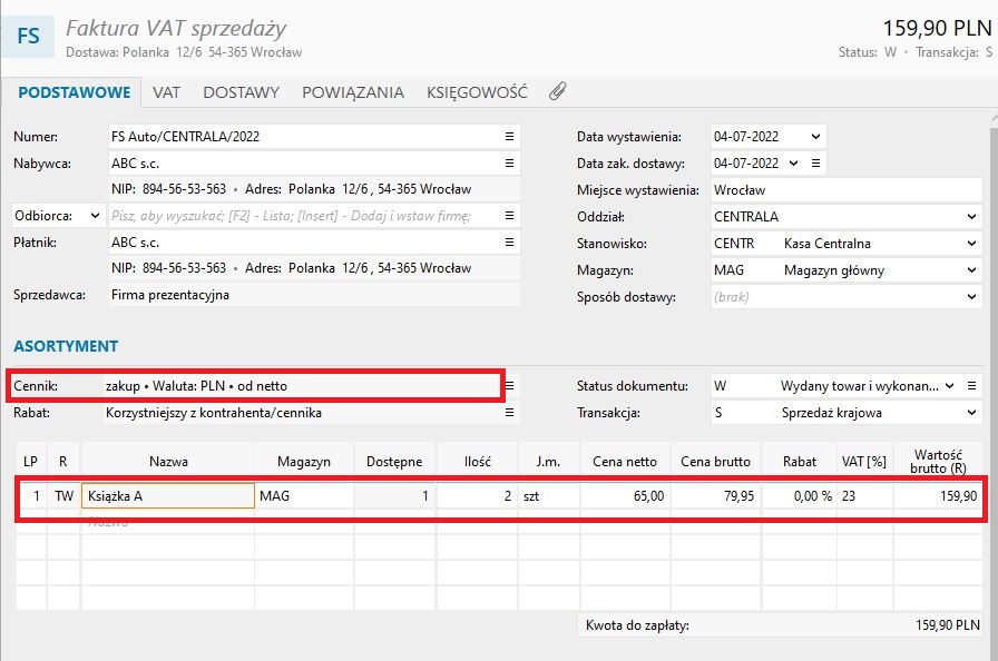 widok faktury sprzedaży w subiekcie nexo z wyborem cennika