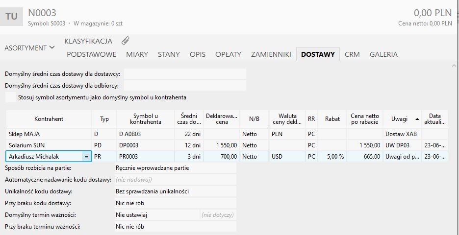 zakładka informacji o dostawcach i producentach towaru w subiekcie nexo