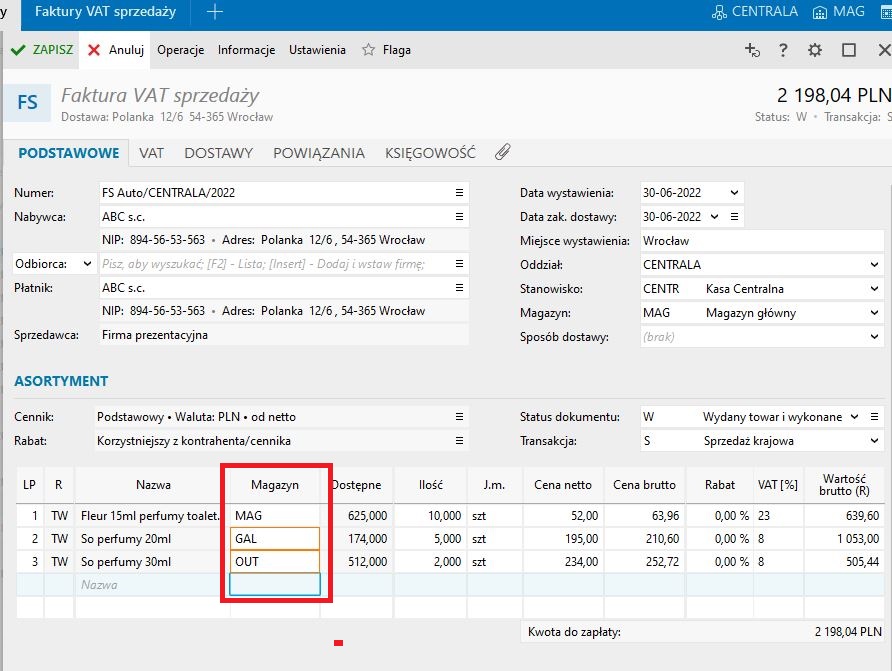 kolumna z wyborem magazynu na wystawianym dokumencie w nexo