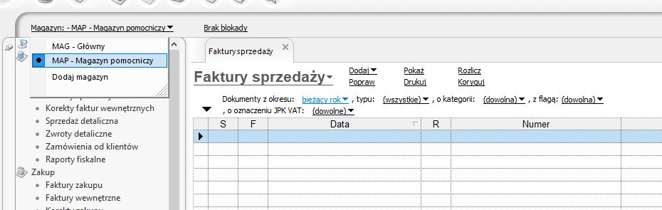 lista dostępnych magazynów w Subiekcie GT