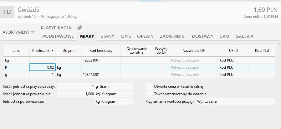widok jednostek miar asortymentu w subiekcie nexo