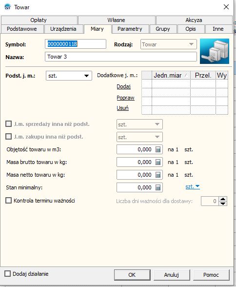 parametry jednostki miar towaru w subiekcie gt