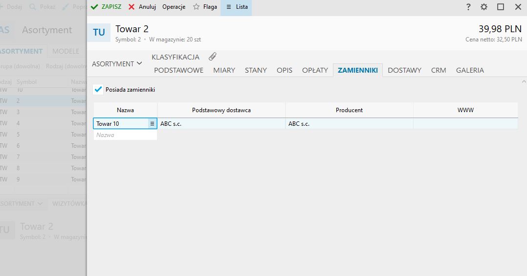 widok listy zamienników w Subiekcie nexo PRO