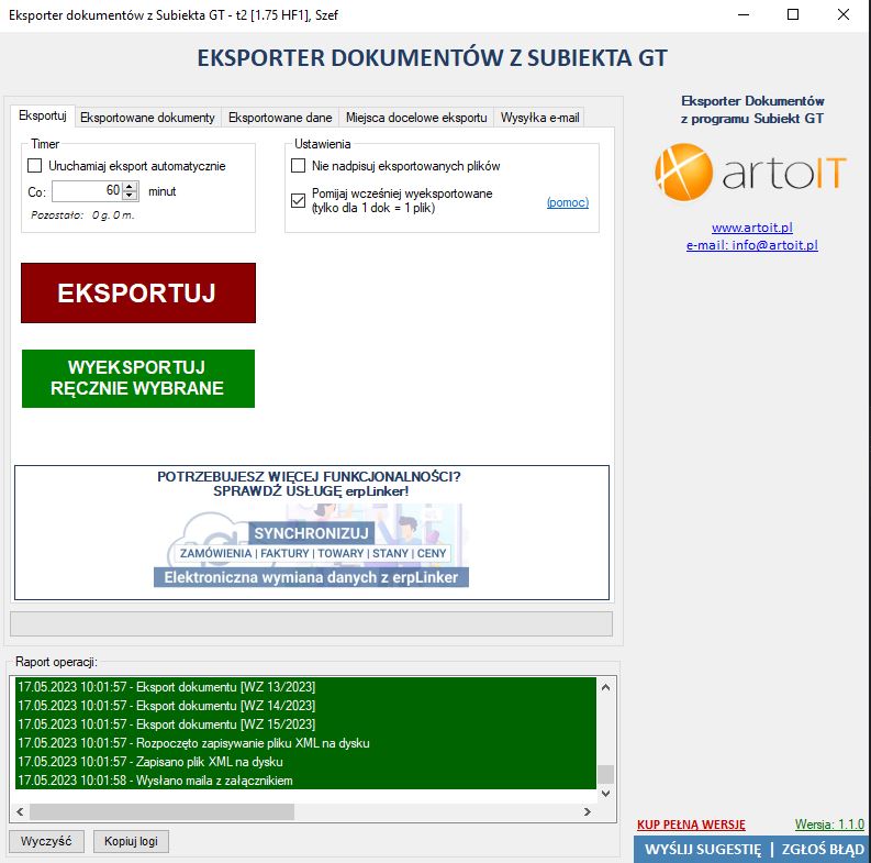 główne okno programu Subiekt GT Eksporter dokumentów do XML i Excel
