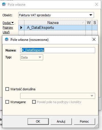 konfiguracja pola rozszerzonego dokumentu dla eksportera dokumentów