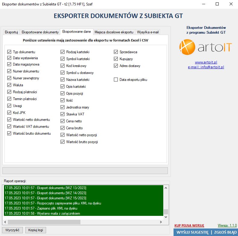 okno ustawień eksportowanych danych z programu Subiekt GT Eksporter dokumentów do Excela i CSV