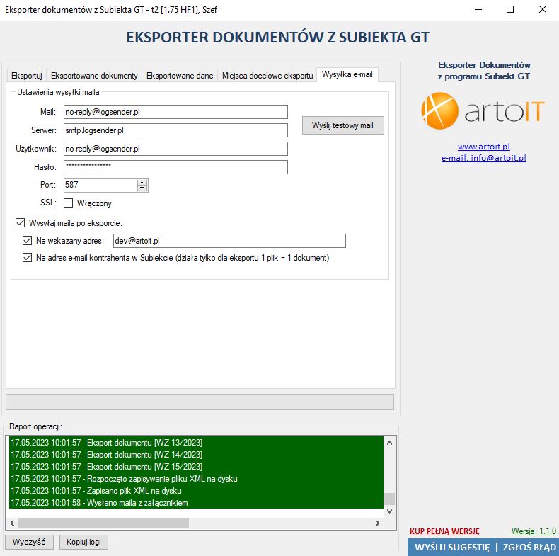 okno ustawień konta pocztowego w programie Subiekt GT Eksporter dokumentów