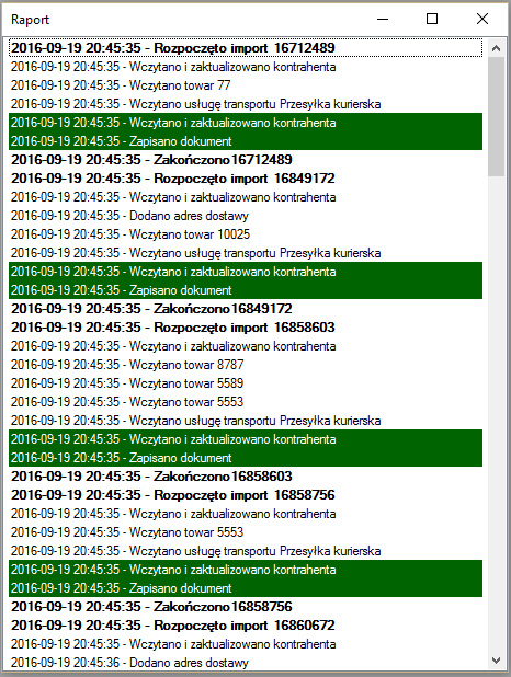 okno raportu programu Subiekt GT Import Zamówień z MS Allegro