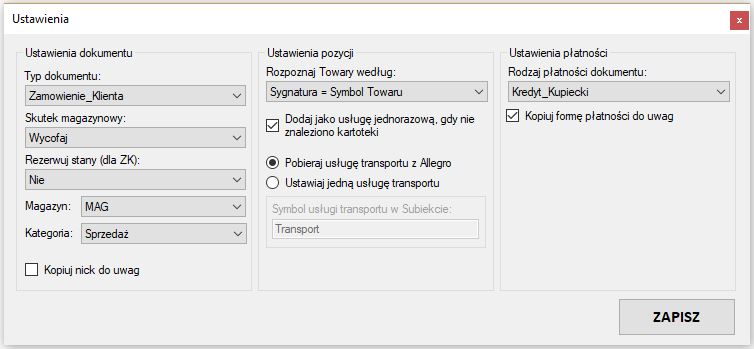 okno ustawień programu Subiekt GT Import Zamówień z MS Allegro