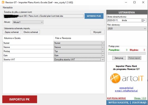 okno programu Rewizor GT Import Planu kont z excela