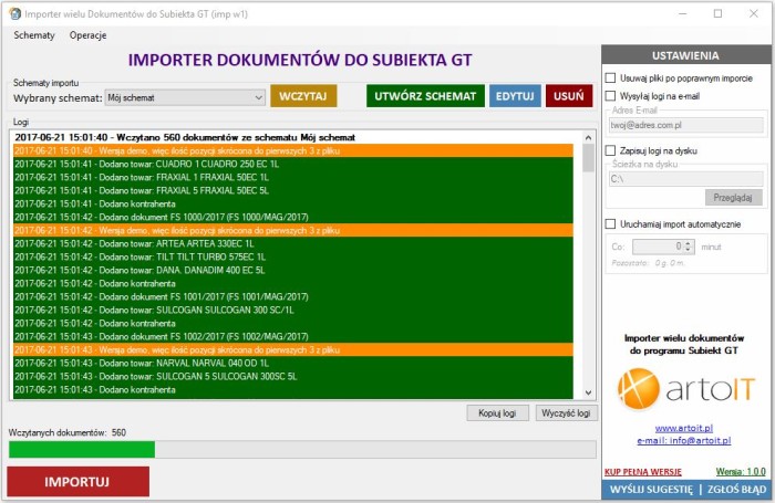 okno programu Subiekt GT Import wielu dokumentów