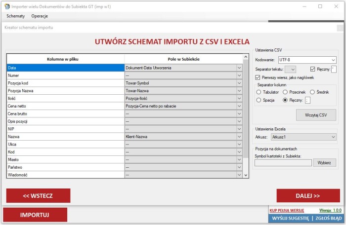 okno tworzenia schematu programu Subiekt GT Import wielu dokumentów