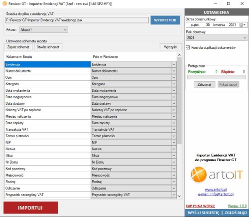 okno programu Rewizor GT Import Ewidencji VAT z excela