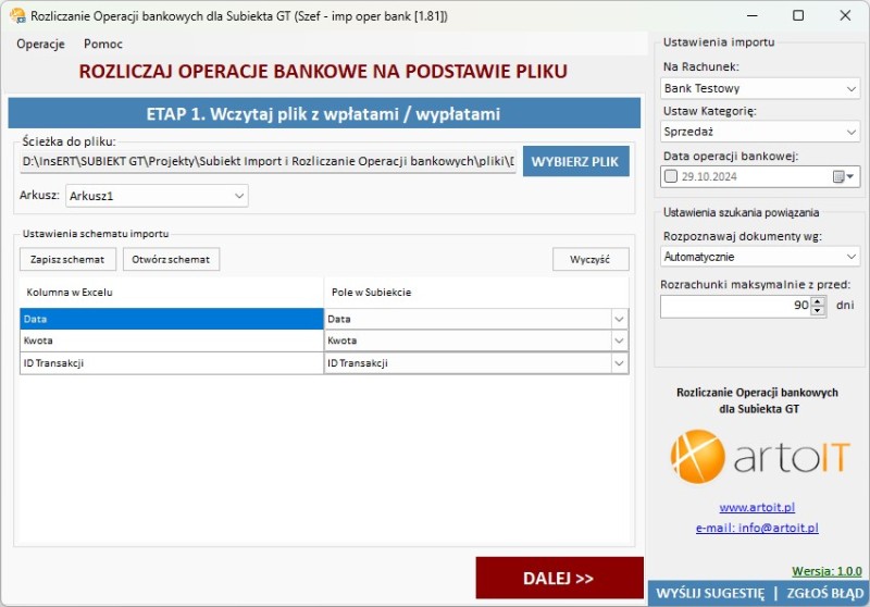 okno programu Subiekt GT importer i rozliczacz wpłat