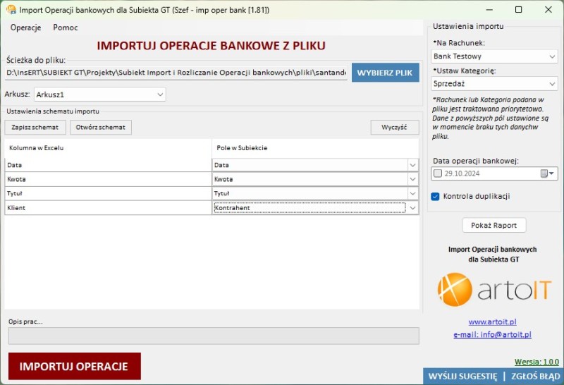 okno importera operacji bankowych dla Subiekta GT