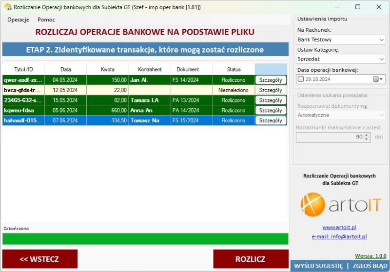 okno programu Subiekt GT importer i rozliczacz wpłat
