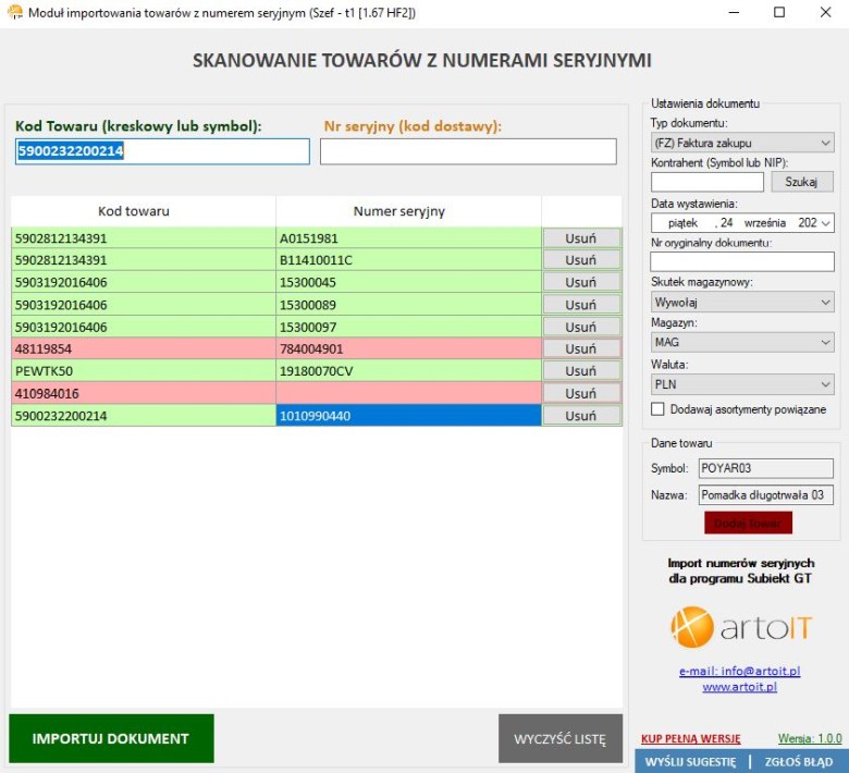 okno programu Subiekt GT importer numerów seryjnych