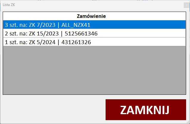 lista wszystkich ZK, na których widnieje zeskanowany towar