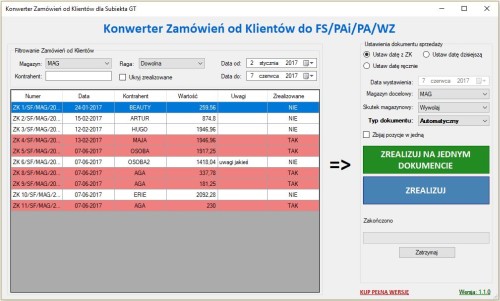 główne okno programu Subiekt GT Konwerter ZK do FS