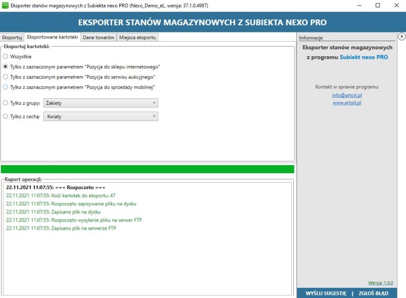 okno ustawień programu Subiekt nexo PRO Eksporter stanów magazynowych
