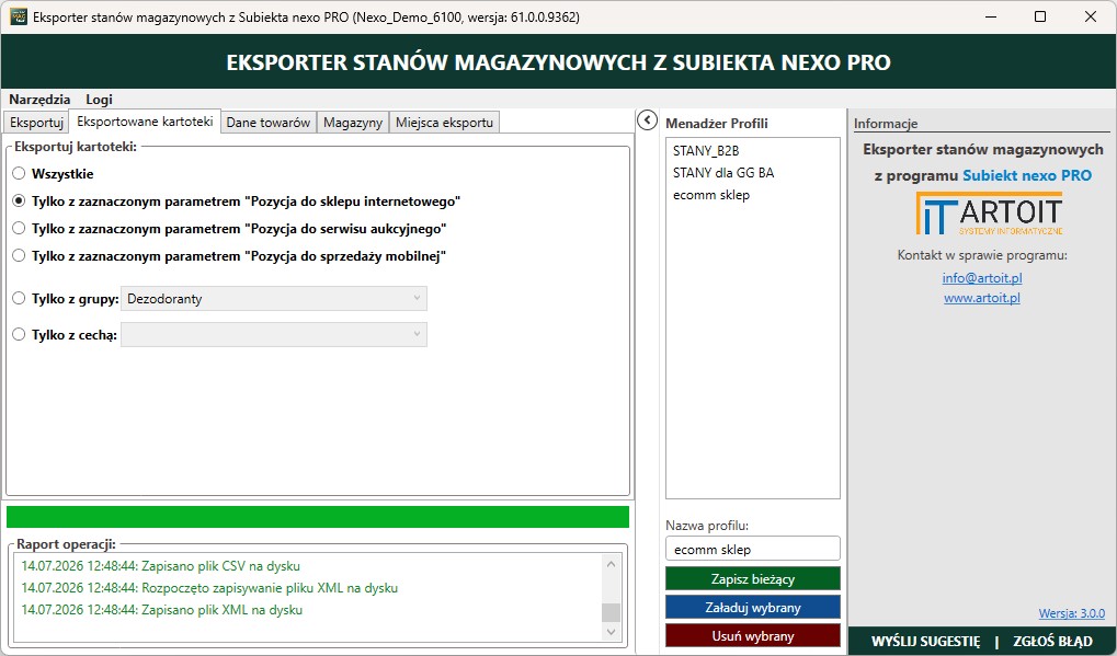 okno ustawień programu Subiekt nexo PRO Eksporter stanów magazynowych