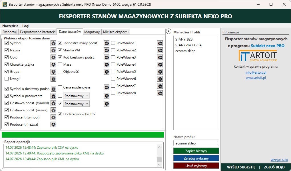 okno ustawień eksportowanych danych z programu Subiekt nexo PRO Eksporter stanów magazynowych