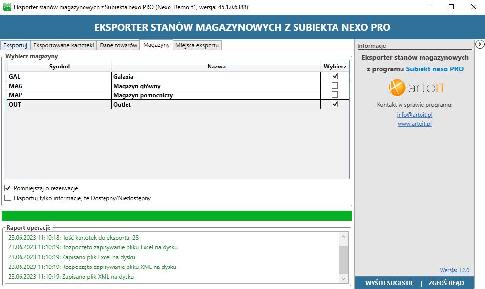 okno wyboru magazynów z Subiekta nexo PRO z których mają być eksportowane dane o ilościach
