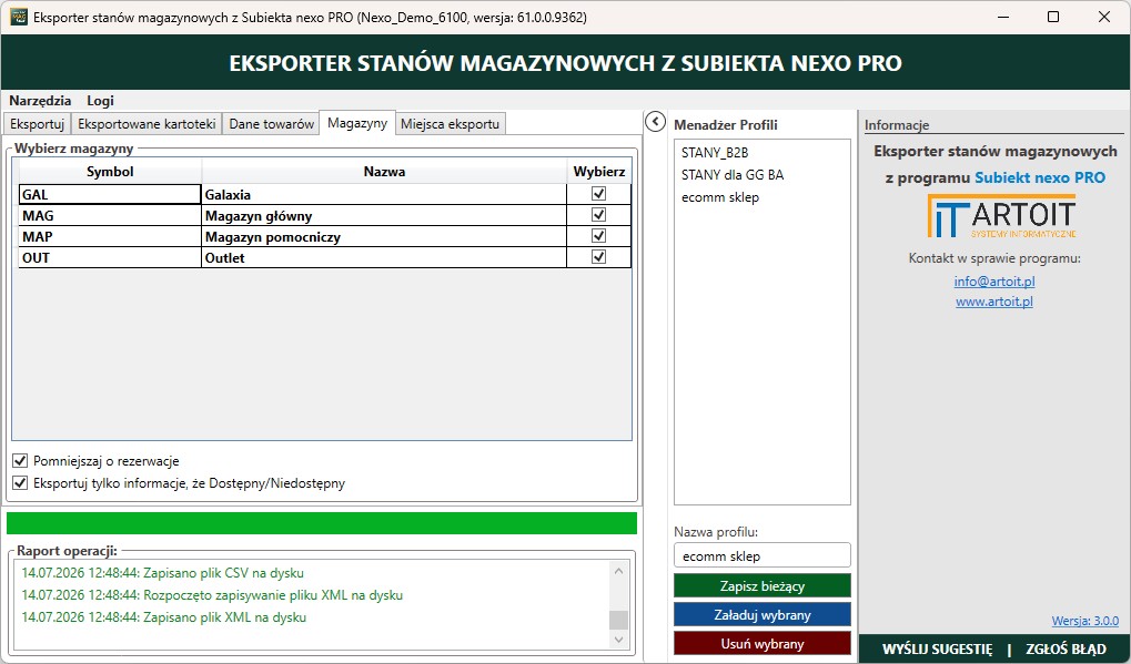 okno wyboru magazynów z Subiekta nexo PRO z których mają być eksportowane dane o ilościach