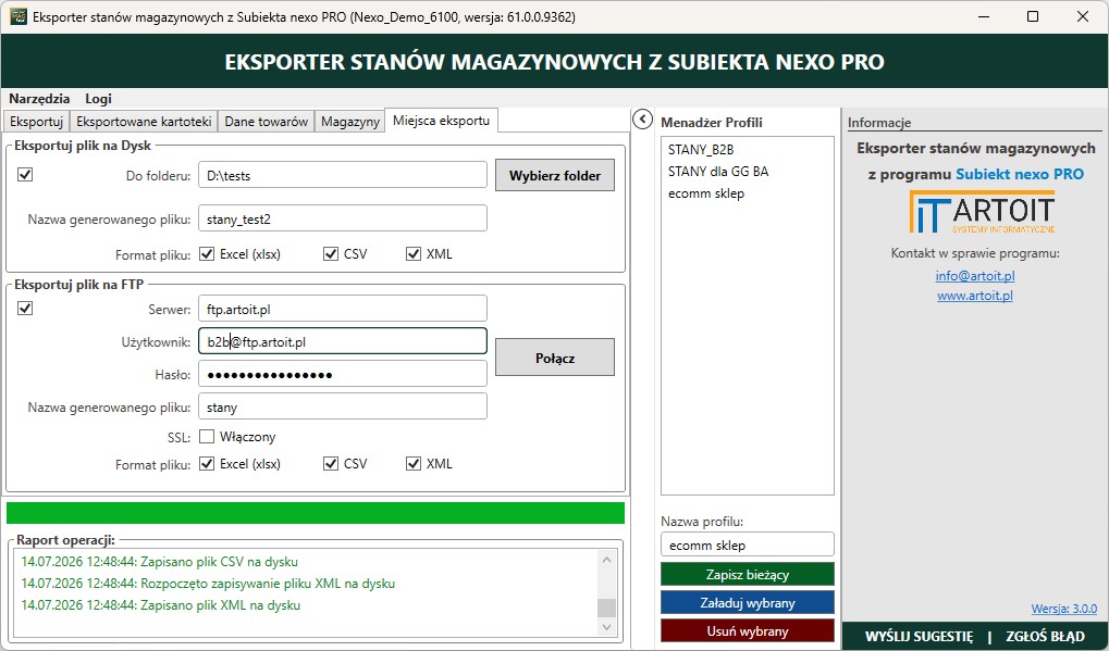 okno ustawień serwera FTP w programie Subiekt nexo PRO Eksporter stanów magazynowych