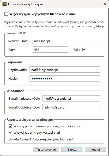 okno ustawień wysyłki logów w trybie wsadowym, w programie Subiekt nexo PRO Eksporter stanów magazynowych