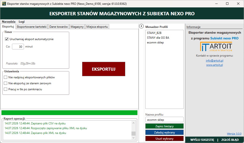 główne okno programu Subiekt nexo PRO Eksporter stanów magazynowych