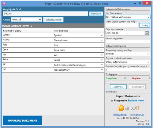 główne okno programu Subiekt Nexo Import XLS - dokumentu