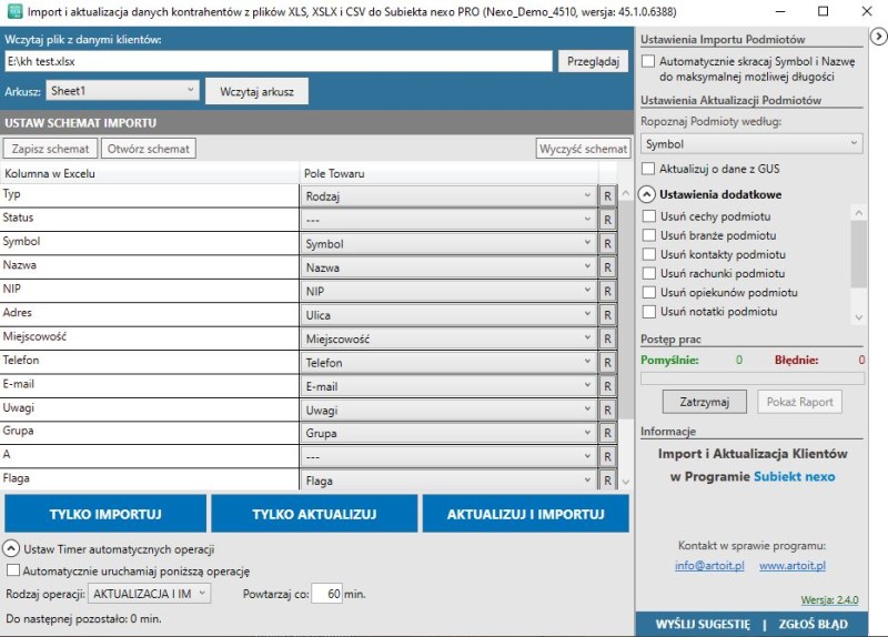 główne okno programu Subiekt Nexo Import XLS - kontrahenci