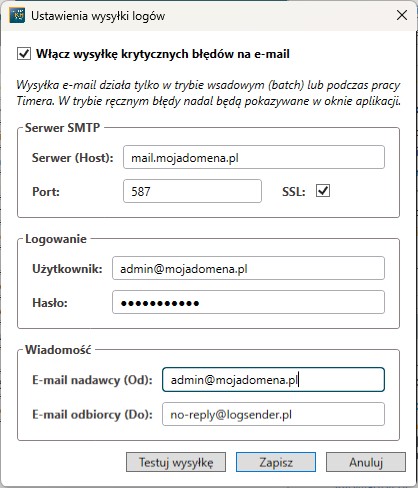 okno konfiguracji wysyłki maili przy pracy w trybie automatyzacji