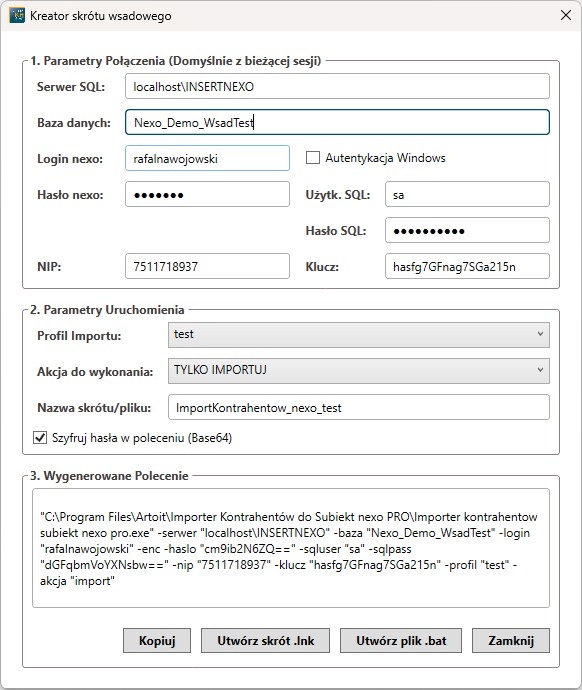 tworzenie skrótów z ustawieniami programu lub uruchamiania w trybie wsadowym