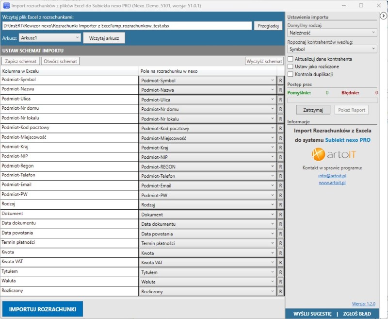 główne okno programu Subiekt Nexo Import XLS - Rozrachunnki