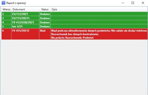 okno raportu programu Subiekt nexo Import XLS - Rozrachunki